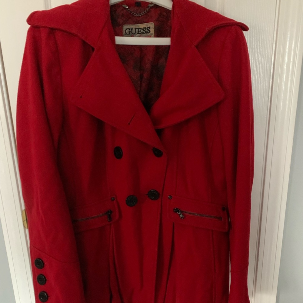 Guess red double breasted pea coat L